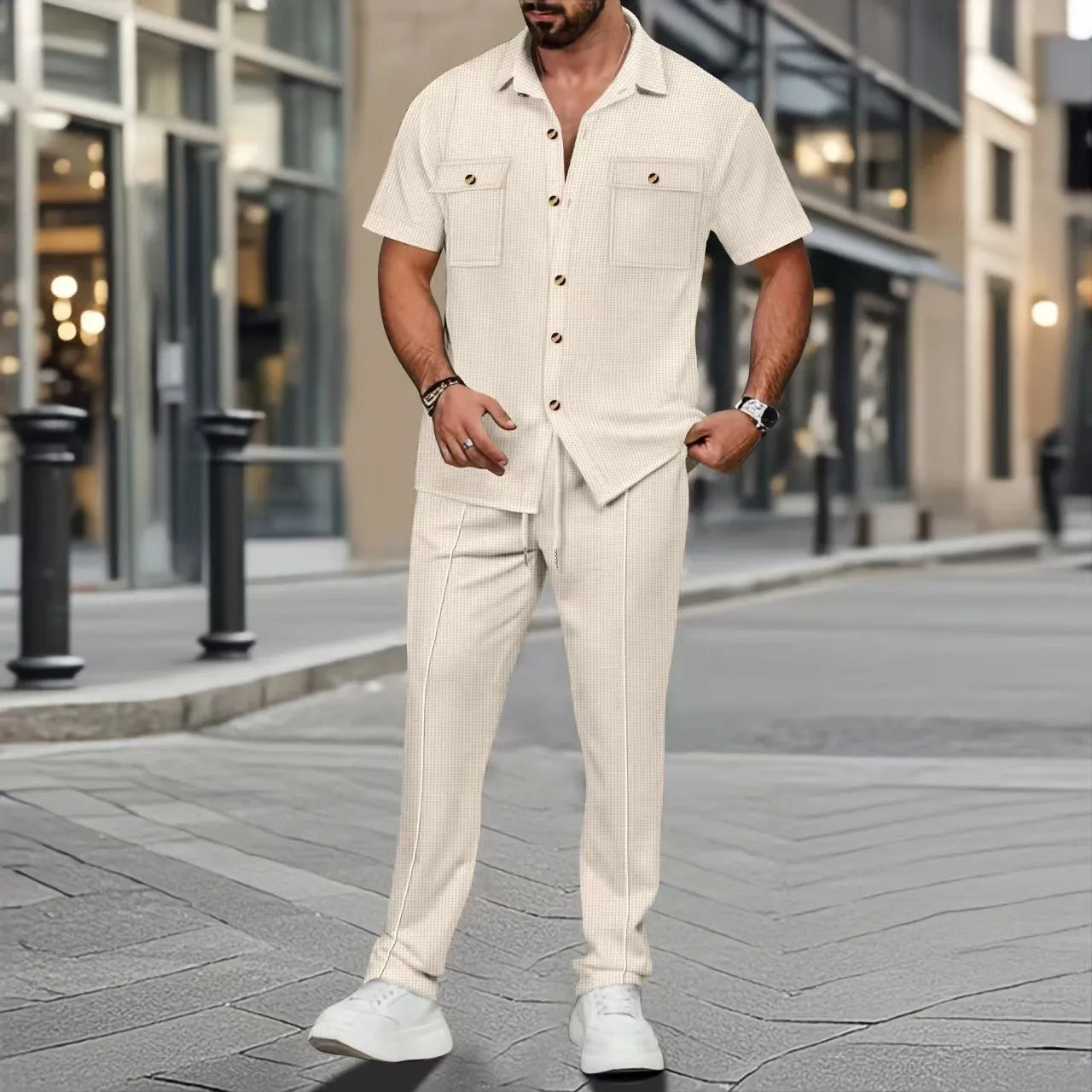 Men’s Solid Color Summer Two-Piece Set – Short-Sleeved Button-Up Shirt & Matching Trousers with Pockets
