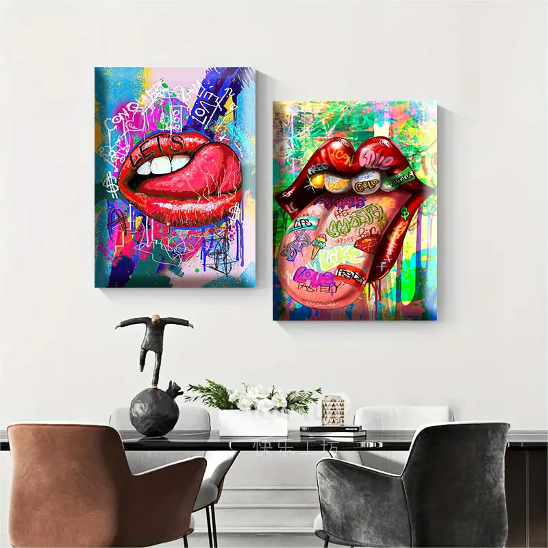 Graffiti Art Wall Painting with Framed Canvas - Abstract Tongue Street Art Poster, Modern Home Decor