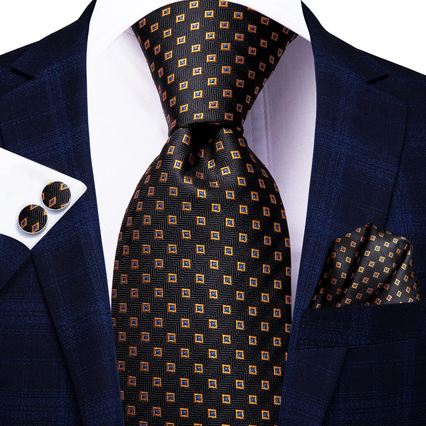 Burgundy Brown & Black Paisley Striped Silk Tie Set – Necktie + Pocket Square + Cufflinks – Formal Gift Set for Men