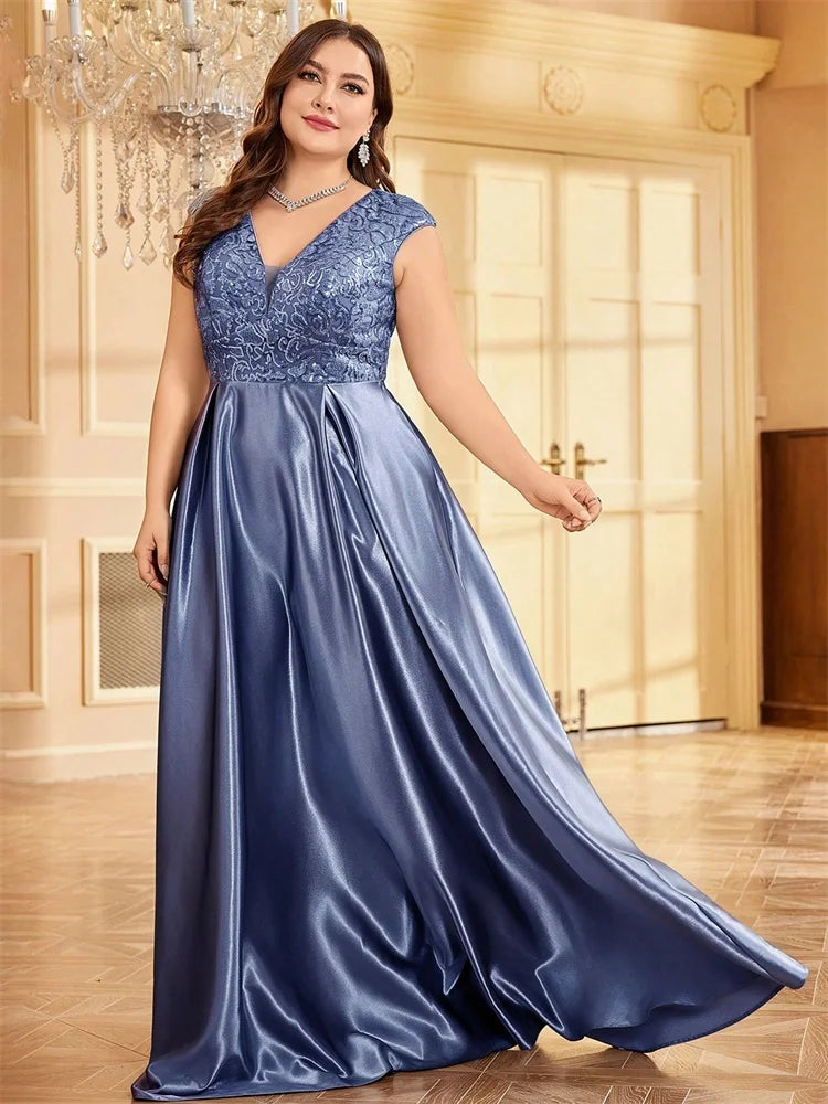 Plus Size Luxury Gold Satin Sequin Evening Gown β V-Neck Floor-Length Dress for Weddings, Parties & Prom