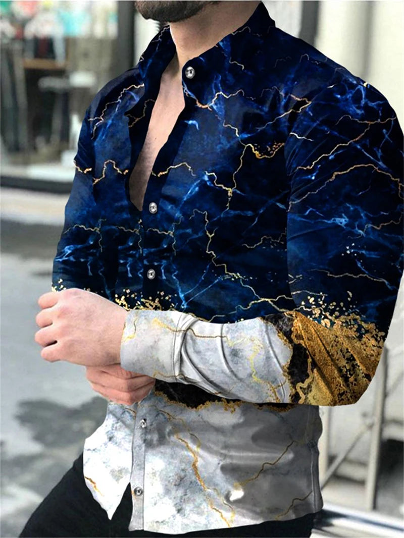 Luxury Floral Print Long Sleeve Shirt for Men – Casual Party Style, Button-Up Turn-Down Collar