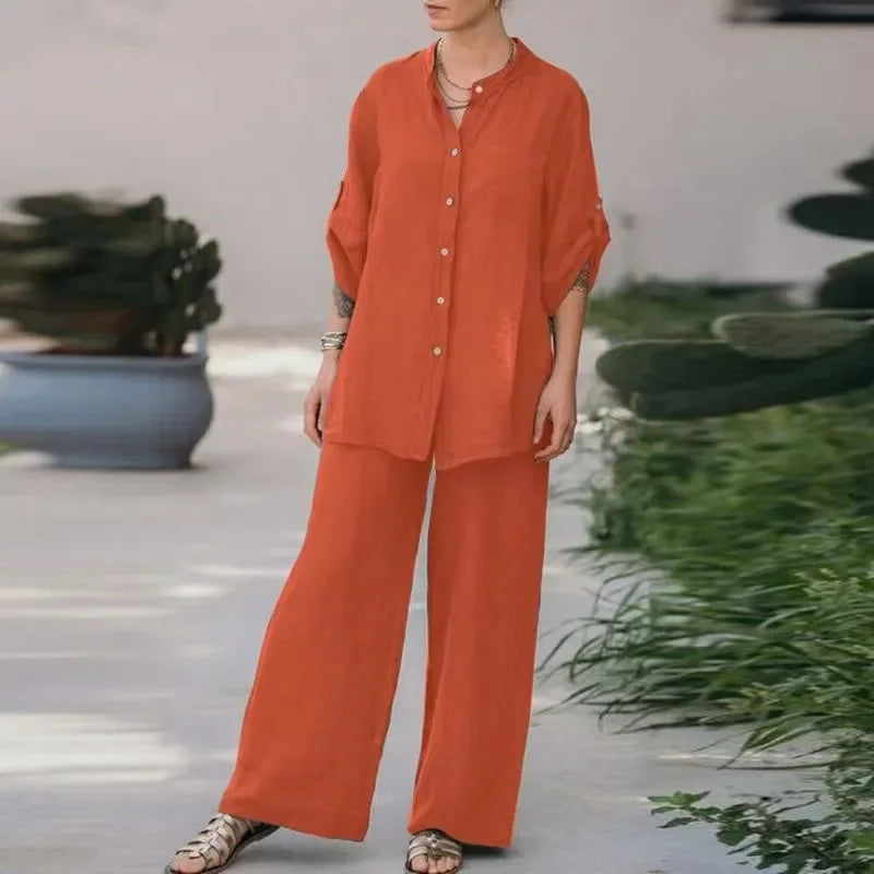Women's 2-Piece Long Sleeve Shirt & Pants Set – Solid Color, Loose Fit, Casual Loungewear Outfit for Spring/Summer