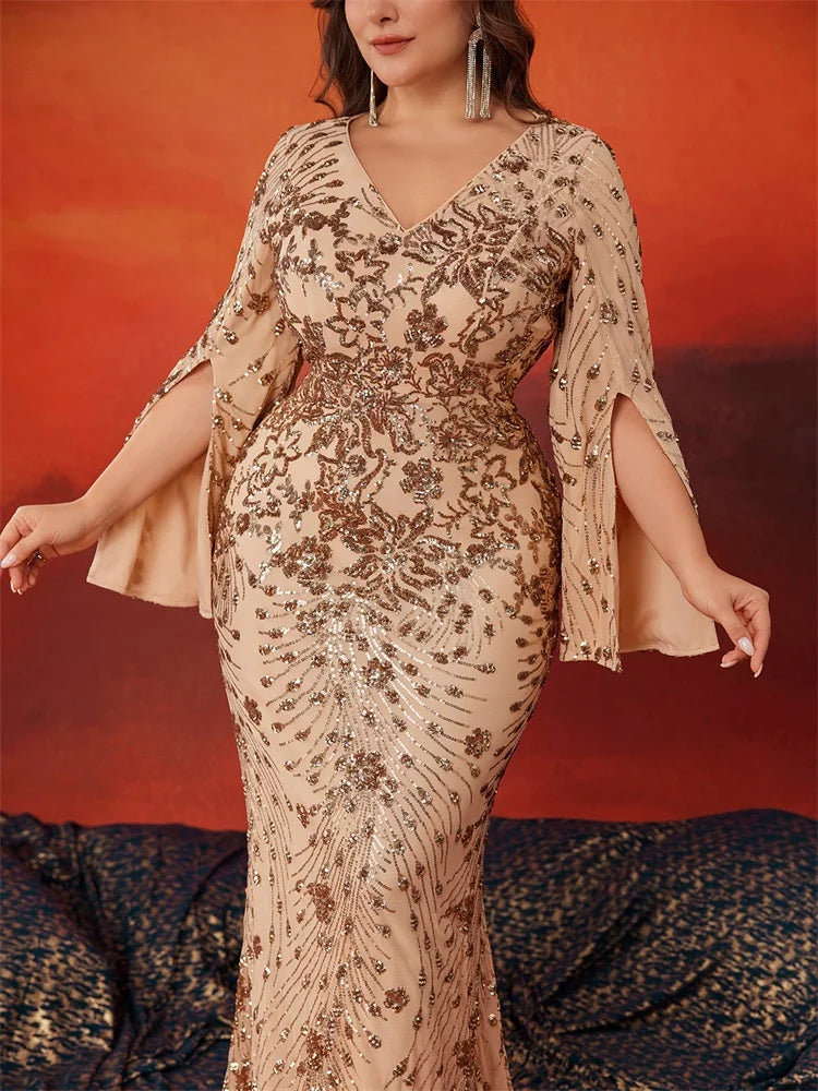 Plus Size Gold Sequin Mermaid Evening Gown – Long Sleeve Formal Dress for Weddings, Prom & Special Occasions