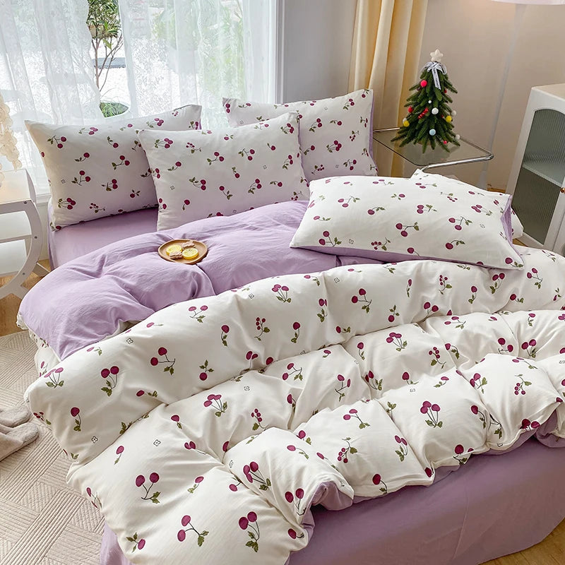 3-Piece Heart & Floral Print Duvet Cover Set – Cartoon Style Bedding for Bedroom (No Padding)