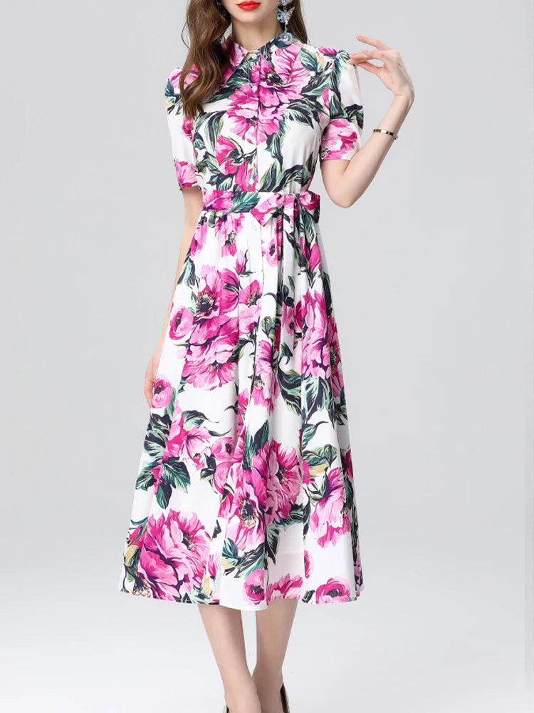 Elegant Printed Slim Fit Lapel Dress – Women’s Short Sleeve Spring/Summer 2025 Fashion