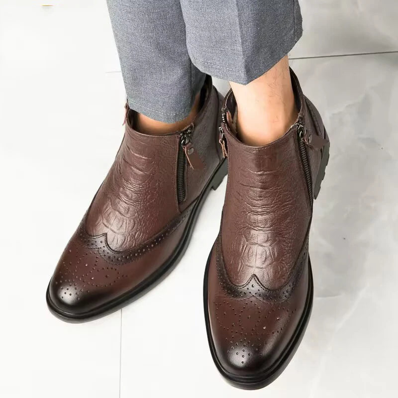 Genuine Leather Men’s Side-Zip Ankle Boots – Warm Plush Lined Winter Fashion