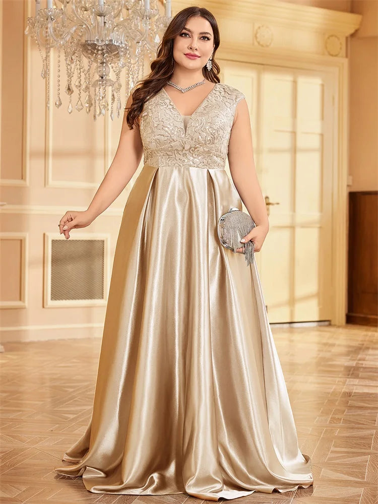 Plus Size Luxury Gold Satin Sequin Evening Gown β V-Neck Floor-Length Dress for Weddings, Parties & Prom