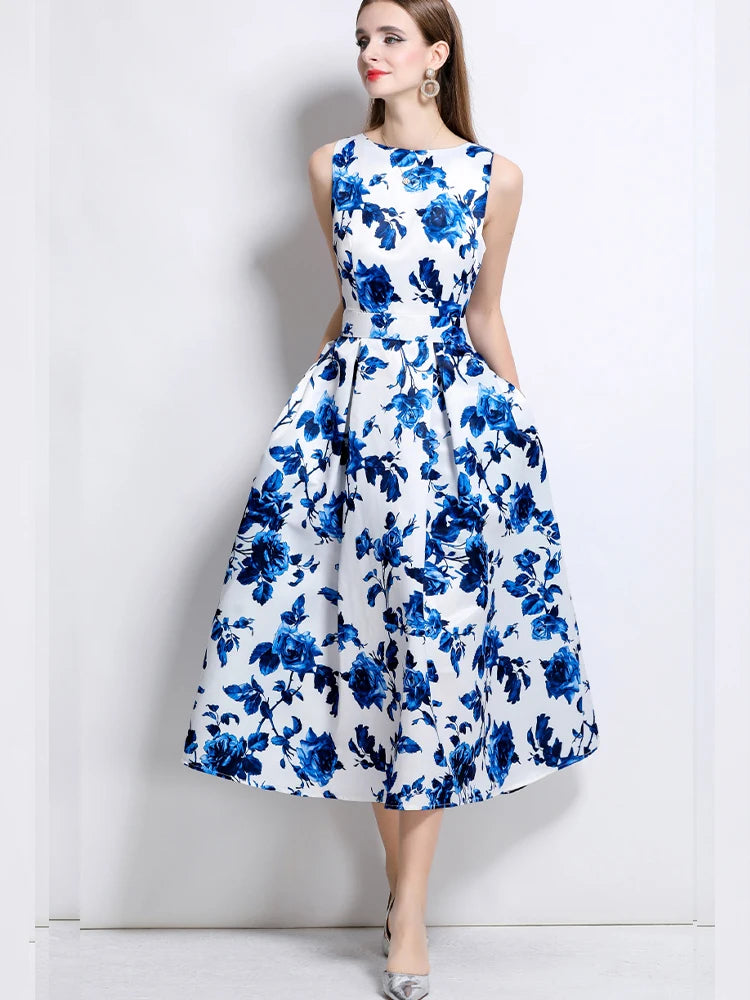 Elegant Sleeveless Printed A-Line Dress – Slim Fit Summer Fashion Dress for Women