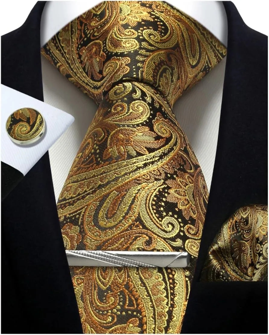Men’s Classic Silver Paisley Tie Set – Silk Necktie, Pocket Square, Cufflinks & Tie Clip – Formal Wedding Party Gift Box