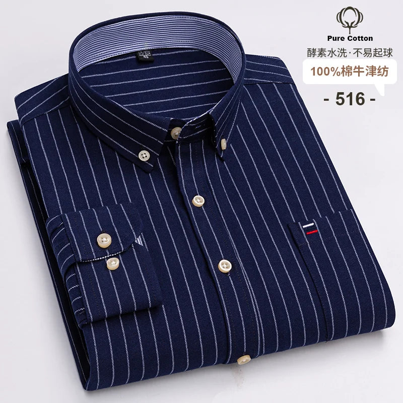 100% Cotton Oxford Long Sleeve Men's Plaid Dress Shirt – Regular Fit Formal Shirt with Pocket (S–7XL)