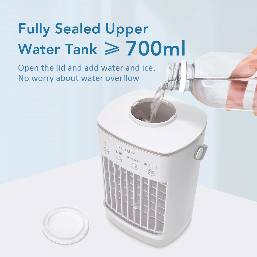 4-in-1 Portable Air Conditioner Fan with Mist Humidifier & LED Light – 700ml Water Tank USB Cooling Table Fan for Home & Office