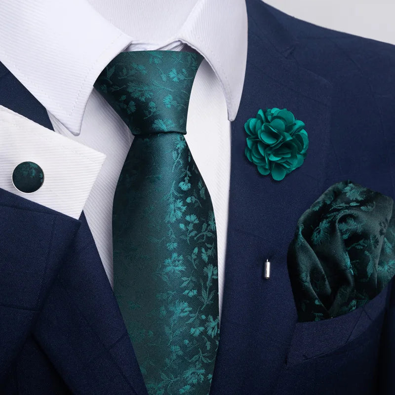 Luxury Men’s Floral Paisley Tie Set – Black & Gold Necktie with Matching Pocket Square, Cufflinks & Brooch | Elegant Wedding, Business, Dinner & Cocktail Look