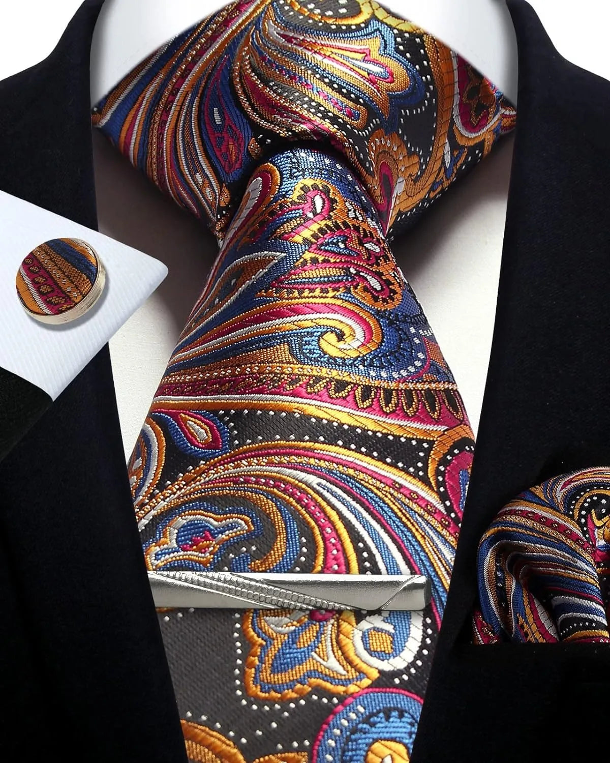 Men’s Classic Silver Paisley Tie Set – Silk Necktie, Pocket Square, Cufflinks & Tie Clip – Formal Wedding Party Gift Box
