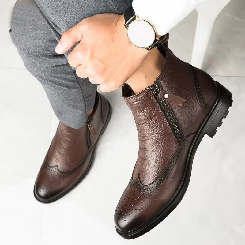 Genuine Leather Men’s Side-Zip Ankle Boots – Warm Plush Lined Winter Fashion