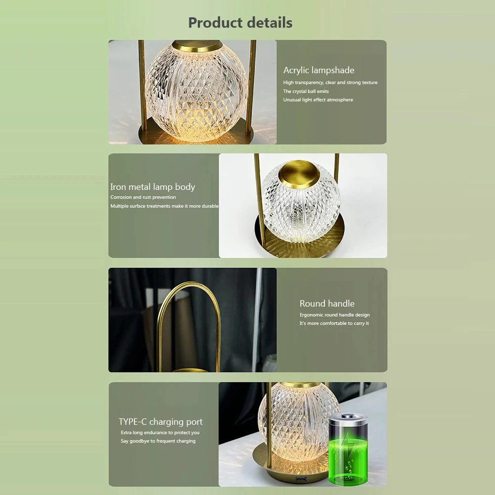 Touch Table Lamp Rechargeable Wireless Portable Bedroom Bedside Crystal Desk Lamp Night Light LED Decor Lights for Bar Coffee