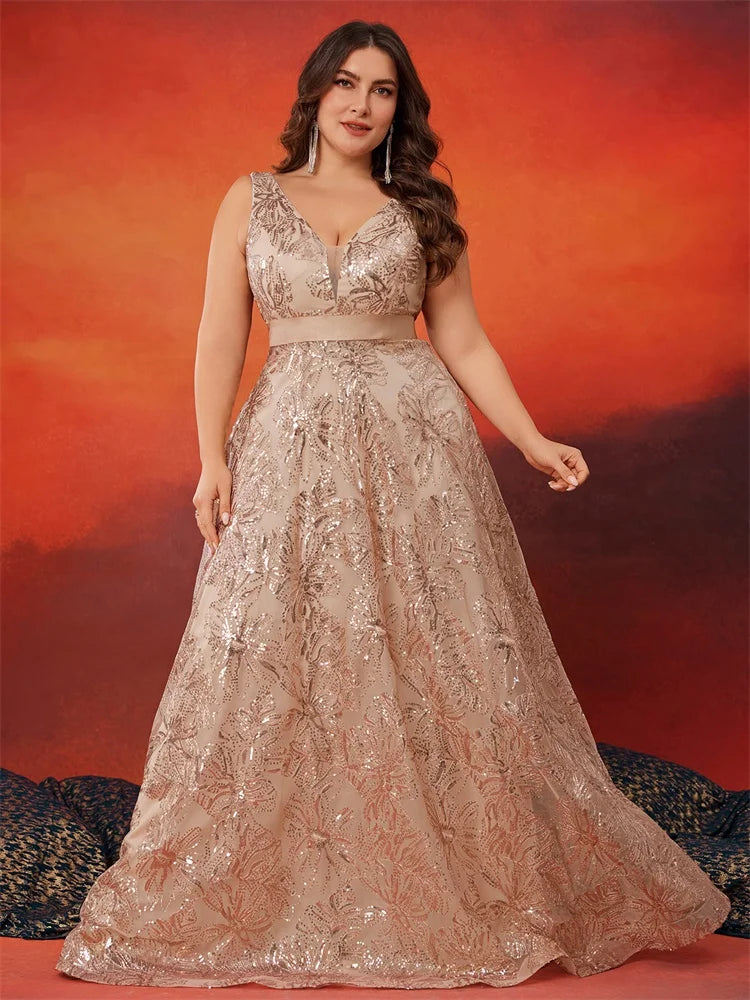 Plus Size Deep V-Neck Sequin Evening Dress – Elegant Blue Long Formal Gown with V-Back for Wedding, Party & Prom