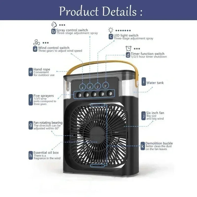 3-in-1 Portable Air Cooler Fan with Humidifier & 7-Color LED Night Light β USB Rechargeable Mini AC for Home, Office & Travel