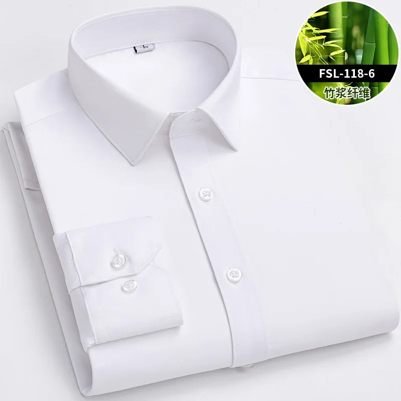 Men’s Bamboo Fiber Stretch Shirt – Slim Fit Long Sleeve Non-Iron White Dress Shirt for Office, Business & Casual Wear