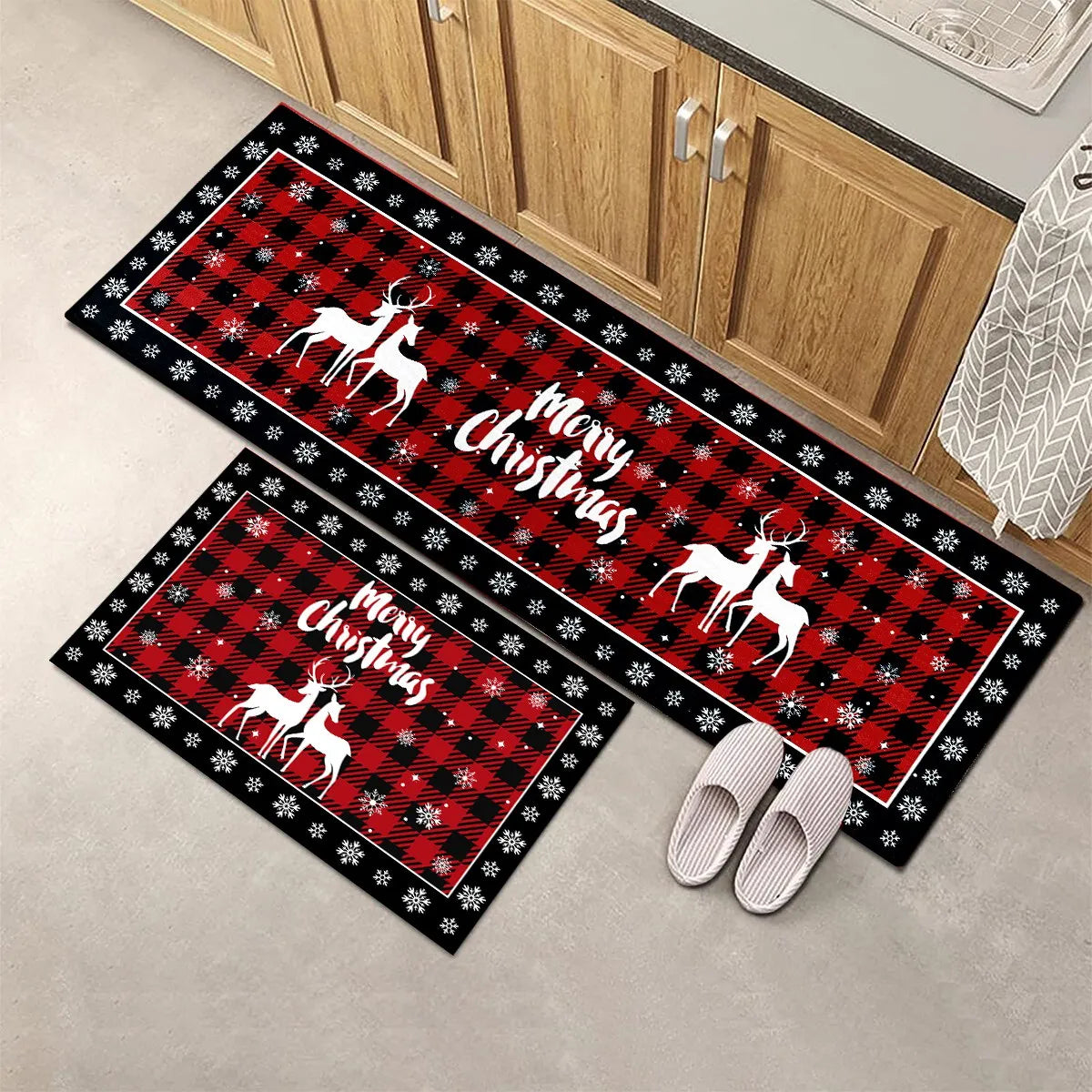 Plaid Christmas Tree Floor Mat Home Kitchen Absorbent Non-Slip Mat Merry Christmas Decoration for Home Happy New Year