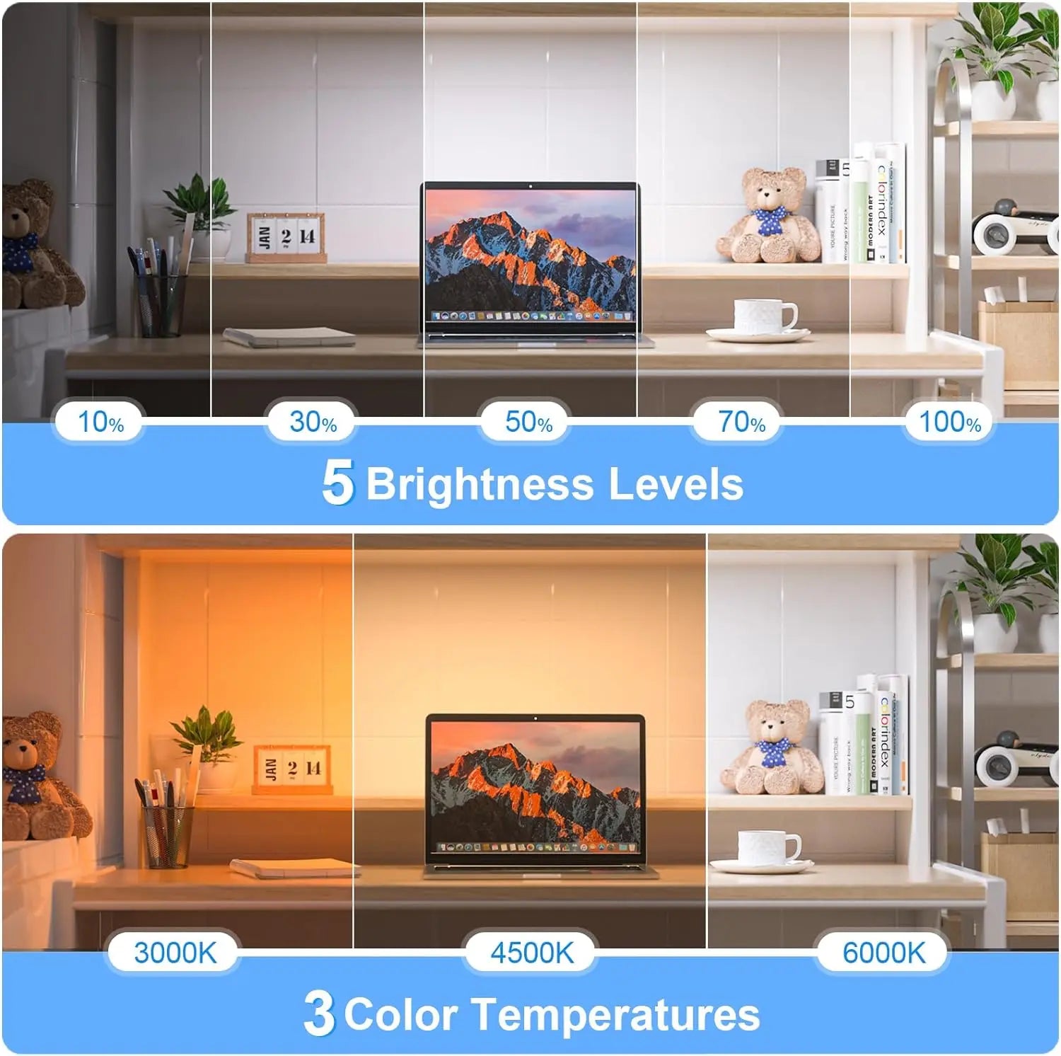 WILLED 5W Dimmable Mirror Light 3 Colors Adjustable Makeup Light with 2500Mah Rechargeable under Cabinet for Closet Bedside Desk