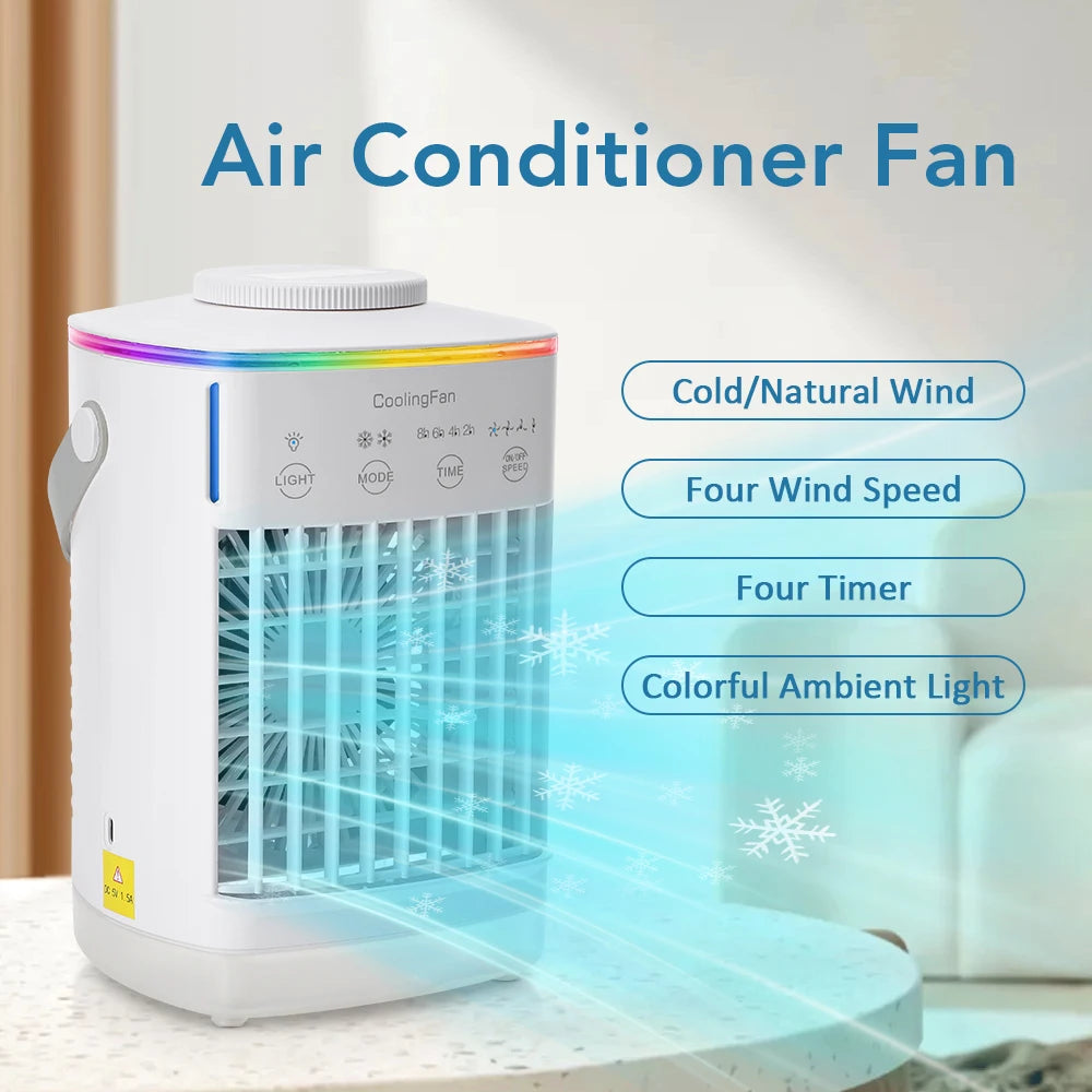4-in-1 Portable Air Conditioner Fan with Mist Humidifier & LED Light – 700ml Water Tank USB Cooling Table Fan for Home & Office