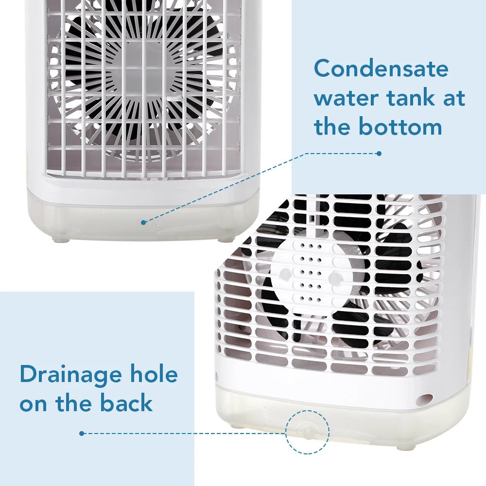 4-in-1 Portable Air Conditioner Fan with Mist Humidifier & LED Light – 700ml Water Tank USB Cooling Table Fan for Home & Office