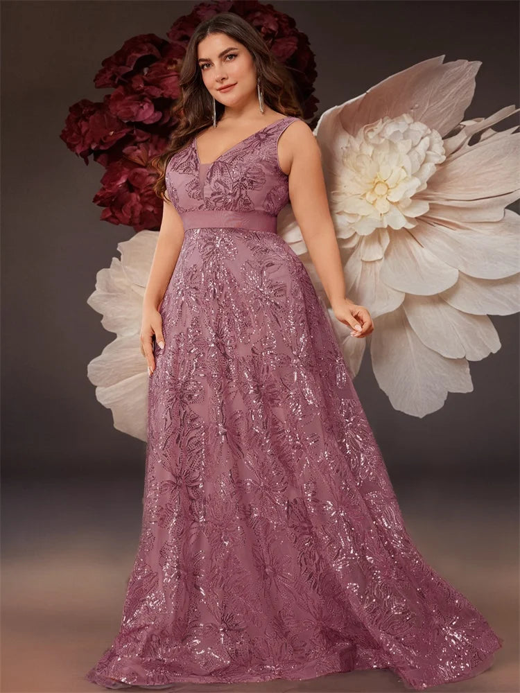 Plus Size Deep V-Neck Sequin Evening Dress – Elegant Blue Long Formal Gown with V-Back for Wedding, Party & Prom