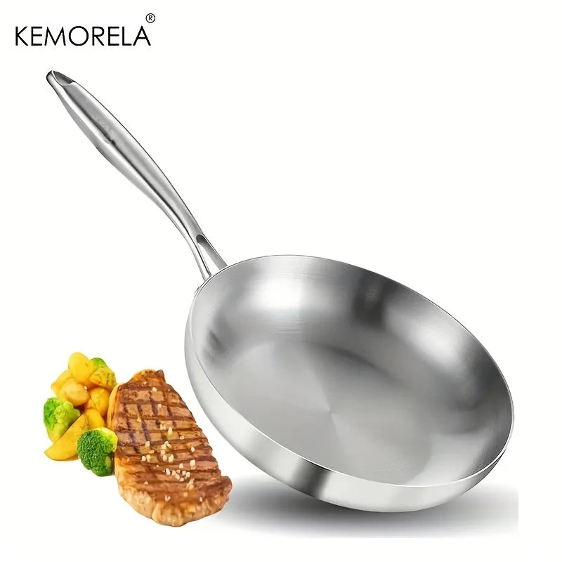 24CM Frying Pan, 304 Stainless Steel 2MM Thick Wok Pan, 5-Ply Steel Skillet – Professional Grade Cooking Pot
