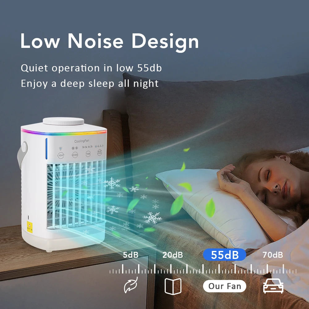 4-in-1 Portable Air Conditioner Fan with Mist Humidifier & LED Light – 700ml Water Tank USB Cooling Table Fan for Home & Office