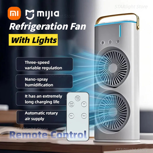 Xiaomi MIJIA Dual-Head Spray Cooling Fan – Portable USB Air Conditioner Tower Fan with LED Lights, Remote Control & Rechargeable Battery