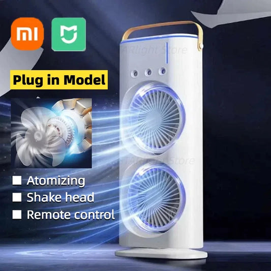 Xiaomi MIJIA Dual-Head Spray Cooling Fan – Portable USB Air Conditioner Tower Fan with LED Lights, Remote Control & Rechargeable Battery