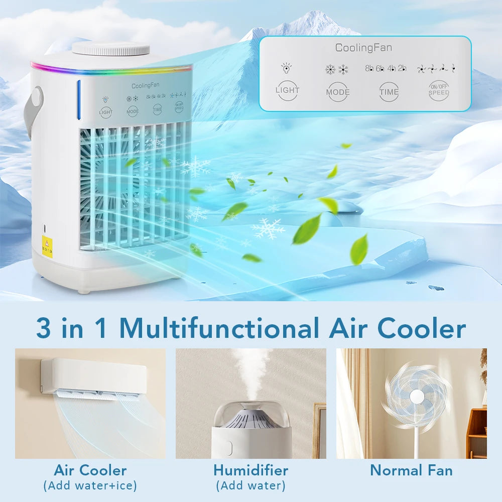 4-in-1 Portable Air Conditioner Fan with Mist Humidifier & LED Light – 700ml Water Tank USB Cooling Table Fan for Home & Office