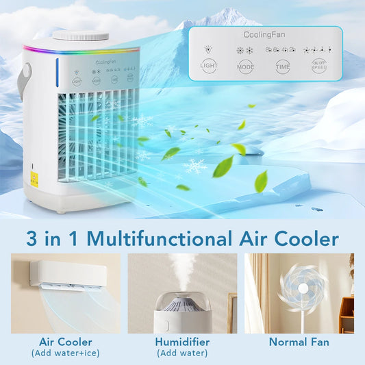 4-in-1 Portable Air Conditioner Fan with Mist Humidifier & LED Light – 700ml Water Tank USB Cooling Table Fan for Home & Office