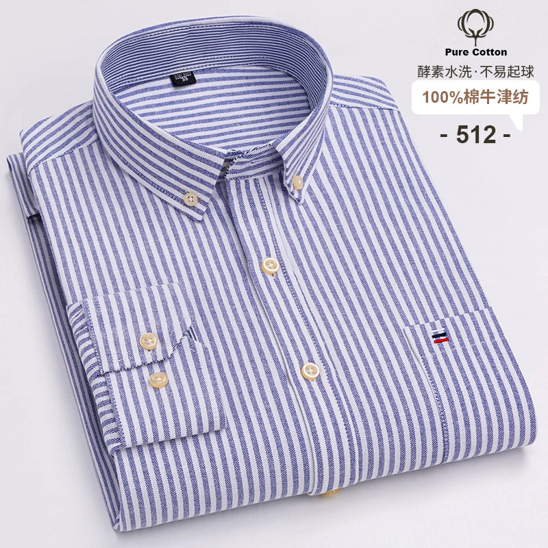 100% Cotton Oxford Long Sleeve Men's Plaid Dress Shirt – Regular Fit Formal Shirt with Pocket (S–7XL)