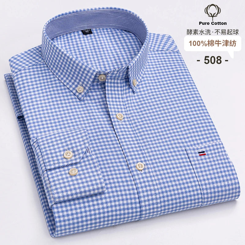 100% Cotton Oxford Long Sleeve Men's Plaid Dress Shirt – Regular Fit Formal Shirt with Pocket (S–7XL)