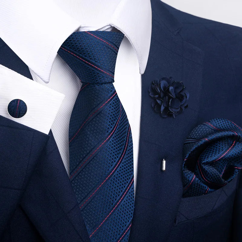 Luxury Men’s Floral Paisley Tie Set – Black & Gold Necktie with Matching Pocket Square, Cufflinks & Brooch | Elegant Wedding, Business, Dinner & Cocktail Look