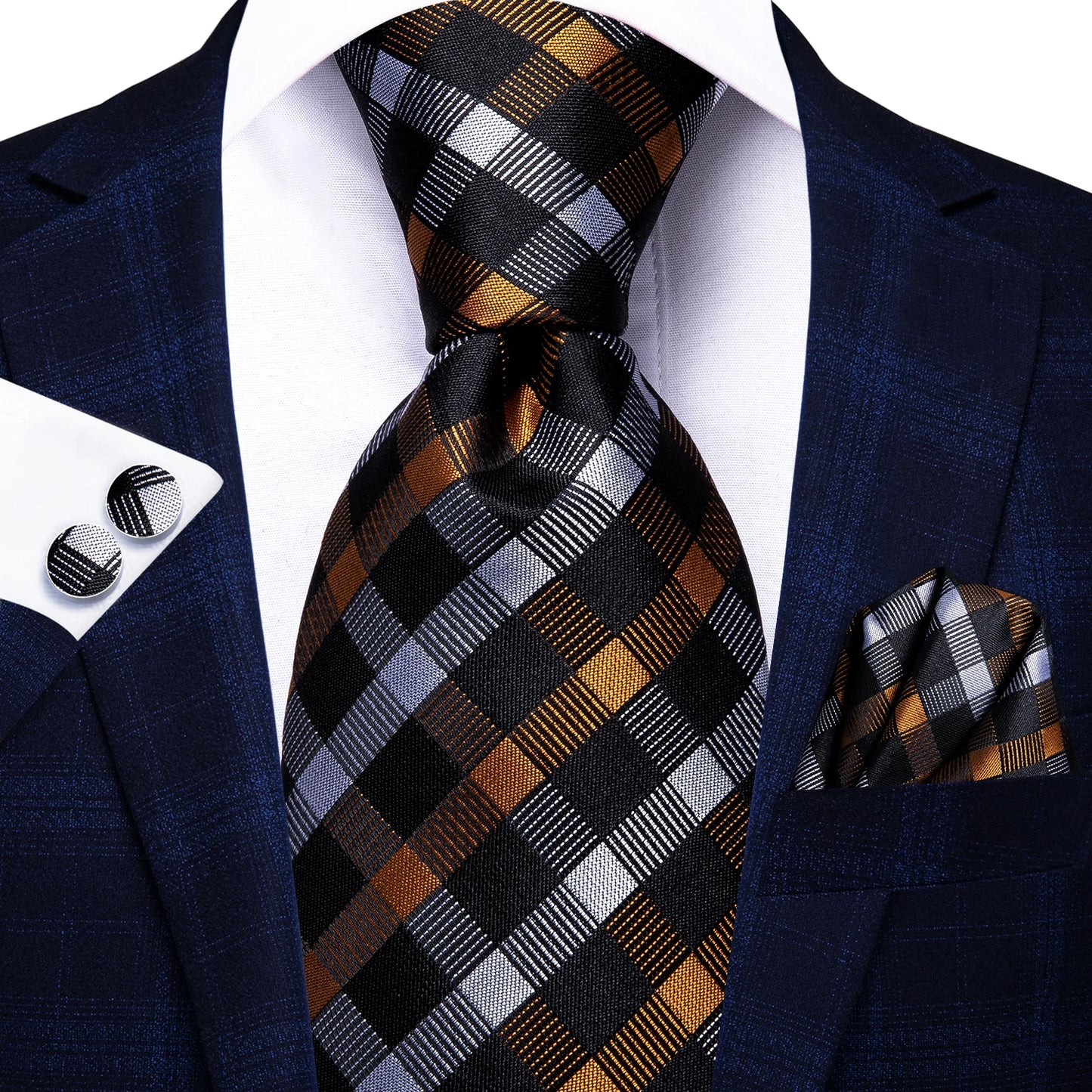 Burgundy Brown & Black Paisley Striped Silk Tie Set – Necktie + Pocket Square + Cufflinks – Formal Gift Set for Men