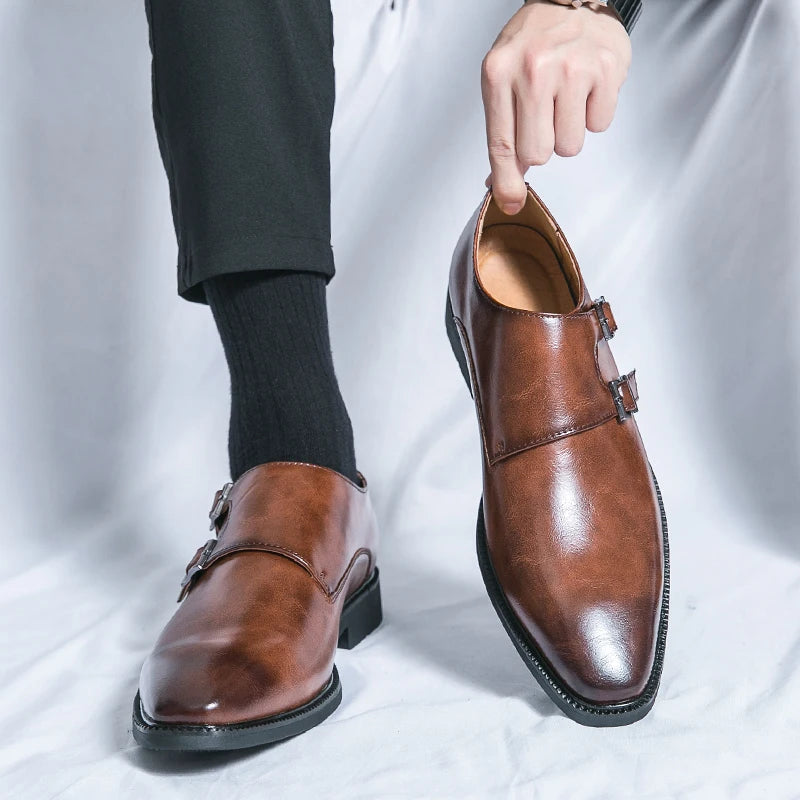 Men’s Retro Monk Strap Dress Shoes – Pointed Toe Leather Office, Business & Wedding Footwear