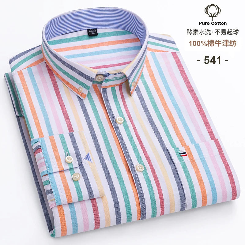 100% Cotton Oxford Long Sleeve Men's Plaid Dress Shirt – Regular Fit Formal Shirt with Pocket (S–7XL)