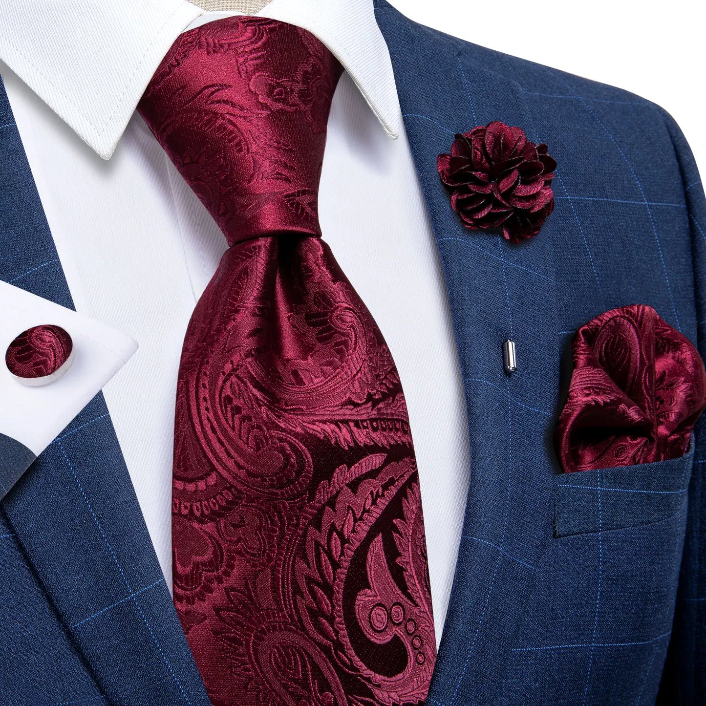 Blue & Silver Paisley Silk Tie Set – 8cm Necktie + Pocket Square + Cufflinks + Brooch – Elegant Men’s Gift for Weddings & Holidays