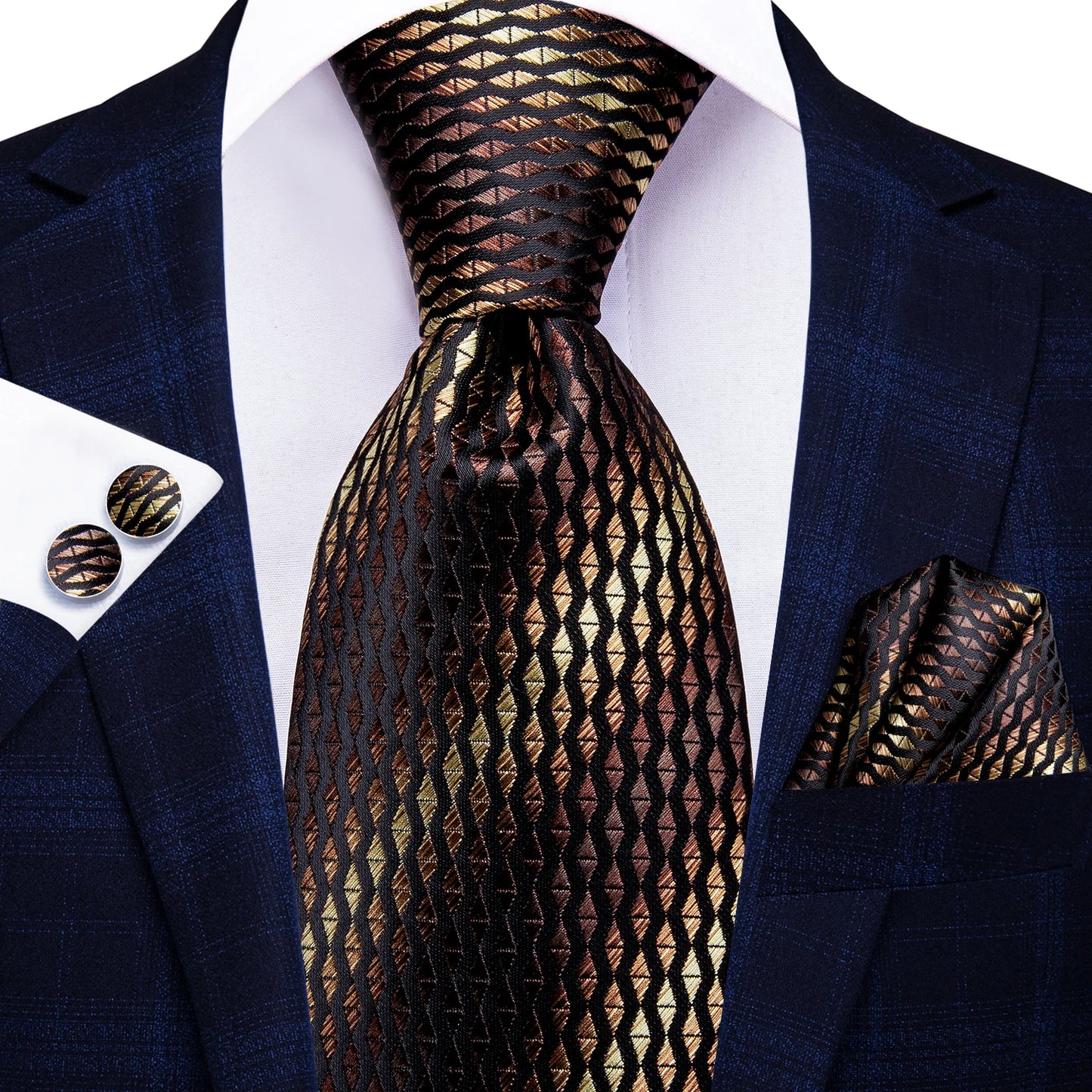 Burgundy Brown & Black Paisley Striped Silk Tie Set – Necktie + Pocket Square + Cufflinks – Formal Gift Set for Men