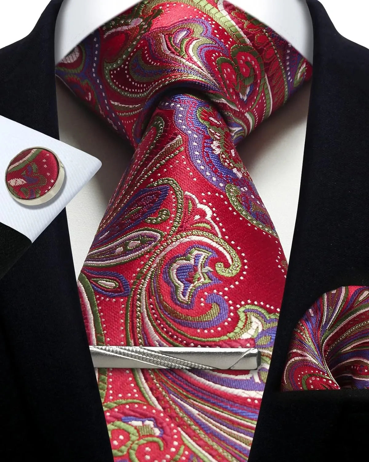 Men’s Classic Silver Paisley Tie Set – Silk Necktie, Pocket Square, Cufflinks & Tie Clip – Formal Wedding Party Gift Box