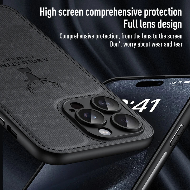 Luxury Cloth Leather Deer Head Pattern Case for Iphone 15 14 13 12 11 Pro X XR XS Max 16 plus Shockproof Soft Back Shell Cover