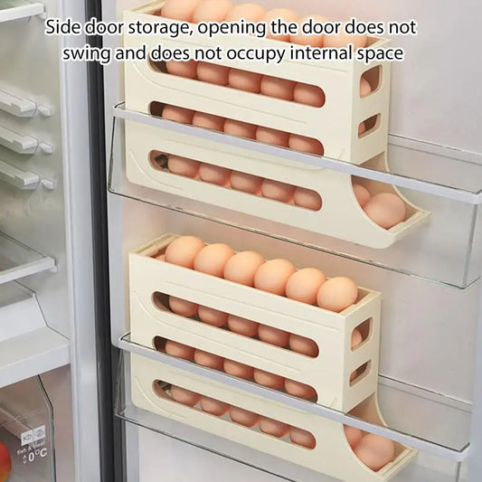 Rolling Egg Storage - 4 Tier Refrigerator Egg Organizer | Space-Saving Roll-Down Dispenser for Up to 30 Eggs