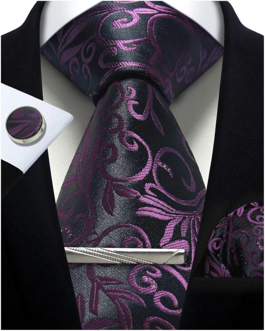 Men’s Classic Silver Paisley Tie Set – Silk Necktie, Pocket Square, Cufflinks & Tie Clip – Formal Wedding Party Gift Box