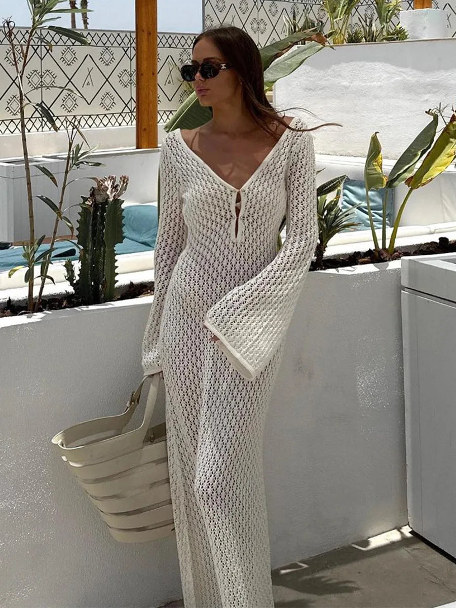 Sexy Women's White Knit Bikini Cover-Up β Long Sleeve, Deep V-Neck, Backless Beach Dress