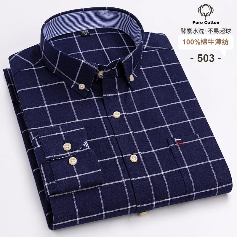 100% Cotton Oxford Long Sleeve Men's Plaid Dress Shirt – Regular Fit Formal Shirt with Pocket (S–7XL)