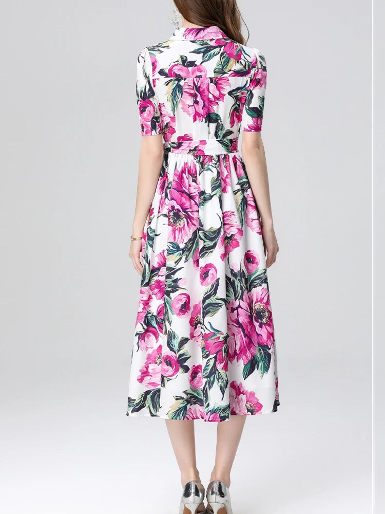 Elegant Printed Slim Fit Lapel Dress – Women’s Short Sleeve Spring/Summer 2025 Fashion