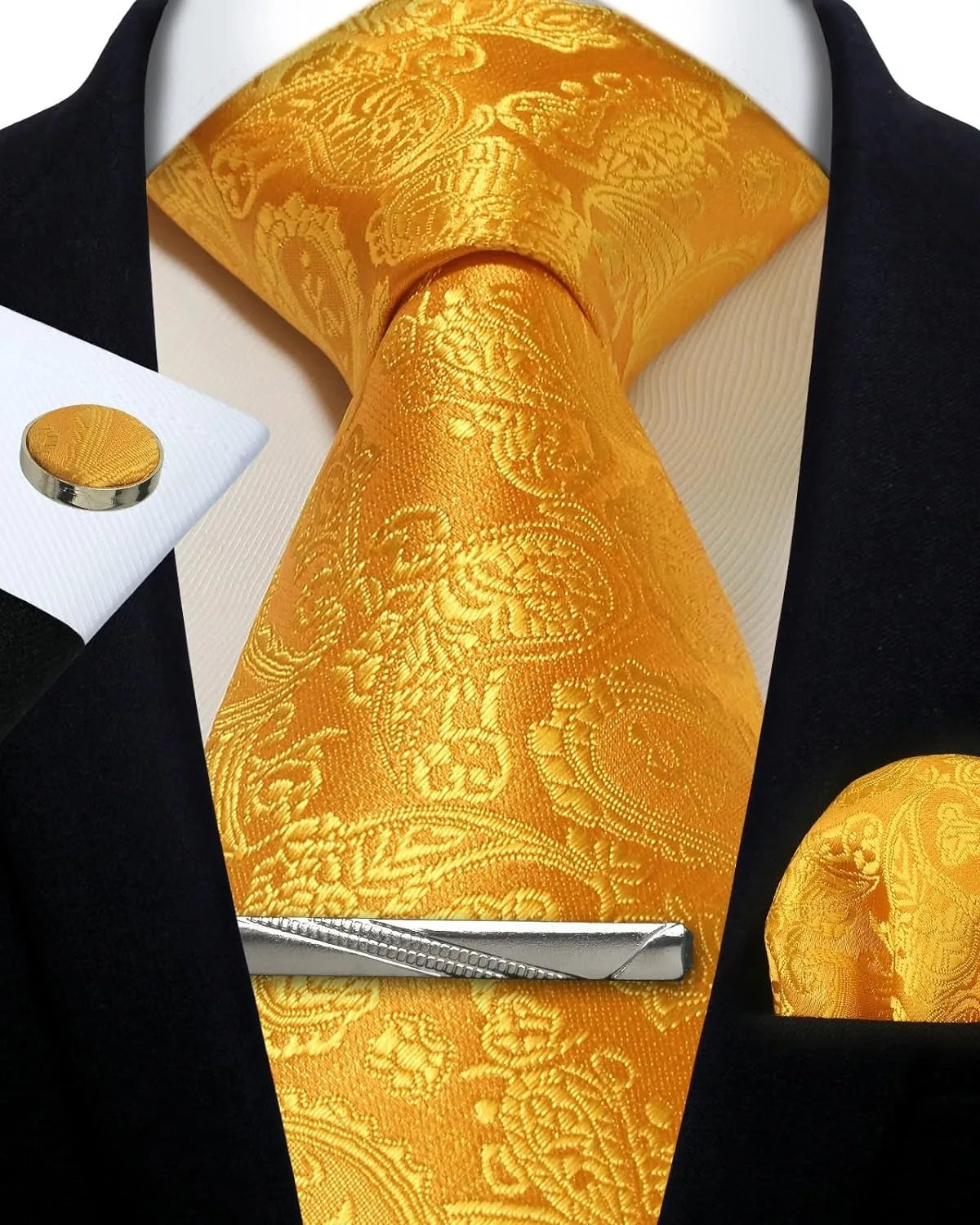 Men’s Classic Silver Paisley Tie Set – Silk Necktie, Pocket Square, Cufflinks & Tie Clip – Formal Wedding Party Gift Box