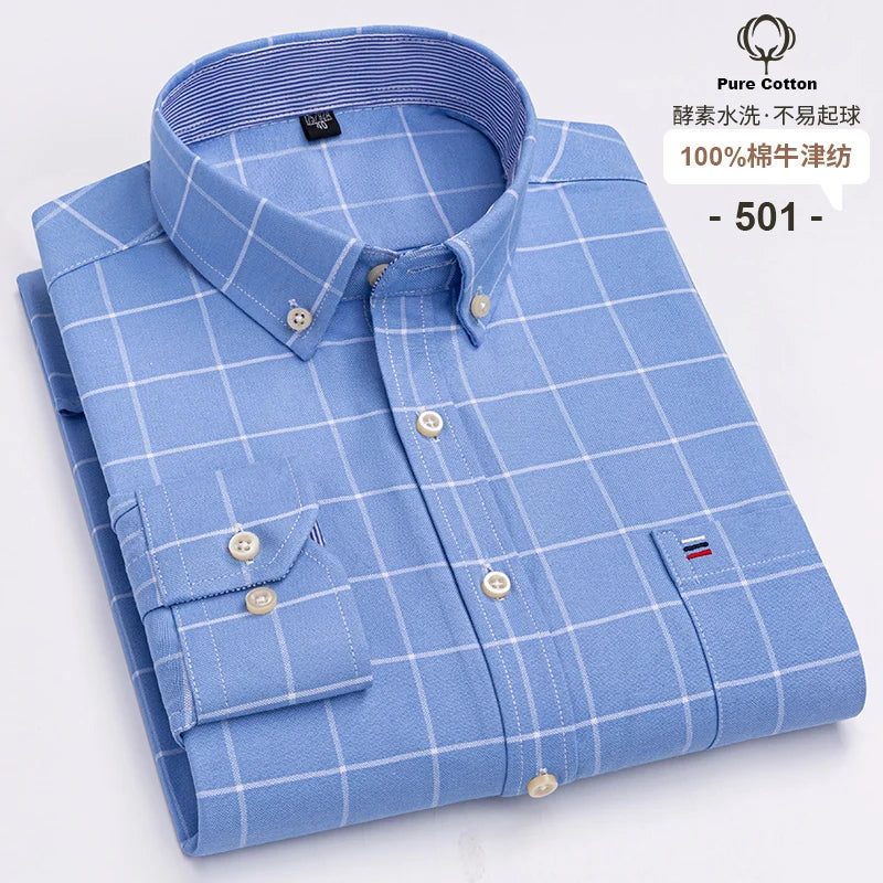 100% Cotton Oxford Long Sleeve Men's Plaid Dress Shirt – Regular Fit Formal Shirt with Pocket (S–7XL)